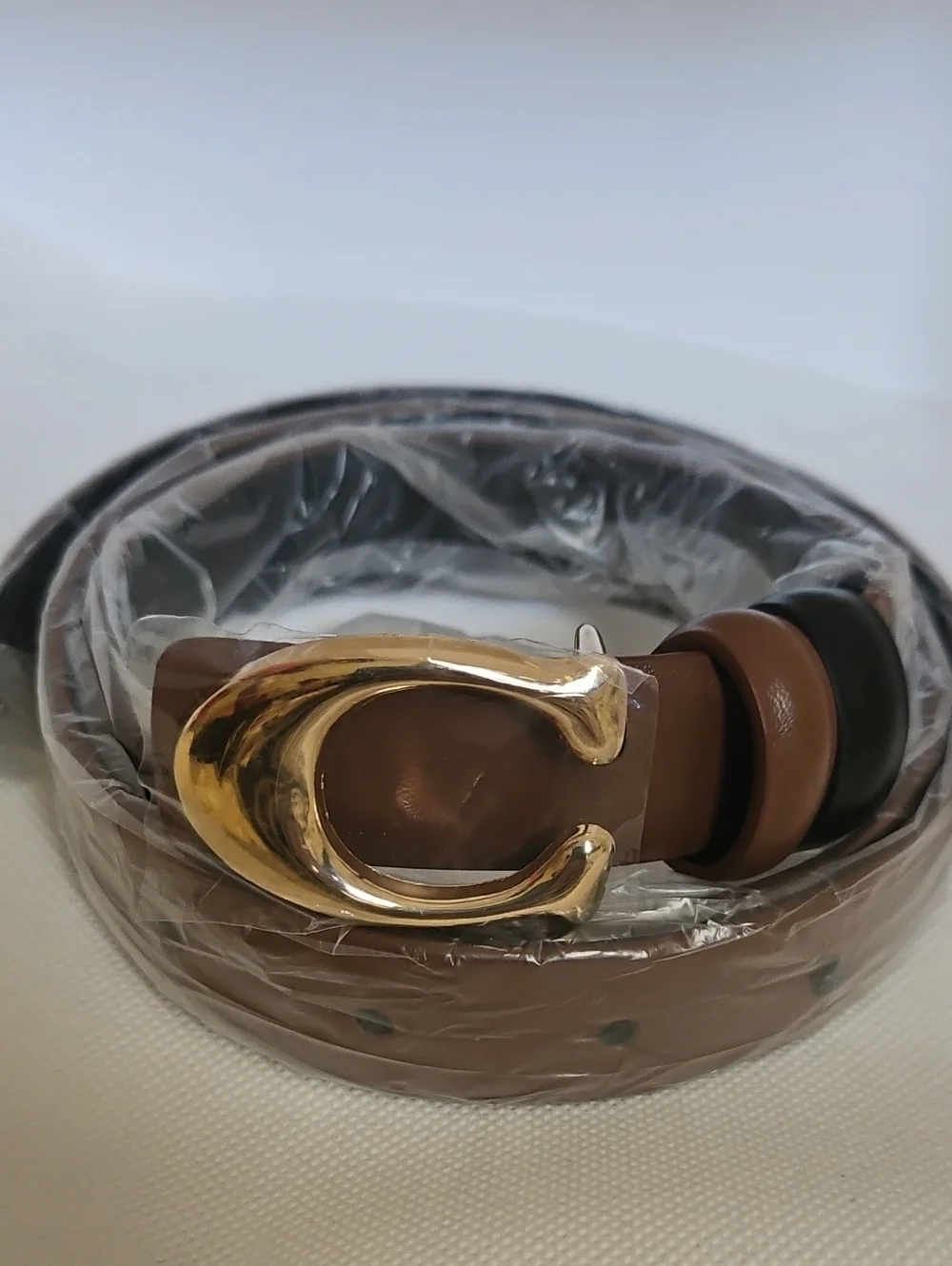 Brown Black Leather Belt with Gold C-Shaped Buckle
